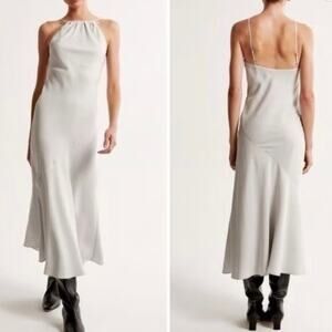 ABERCROMBIE & FITCH | NWT High-Neck Maxi Dress Silver Gray Modal Lined | Large